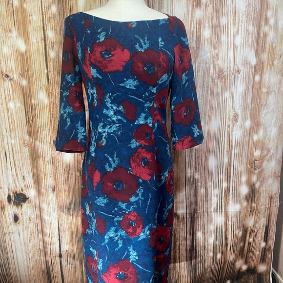Black Halo Sheath Dress Womens 8 Floral Petrol Blue Red Zipper Side Slit - Picture 4 of 9